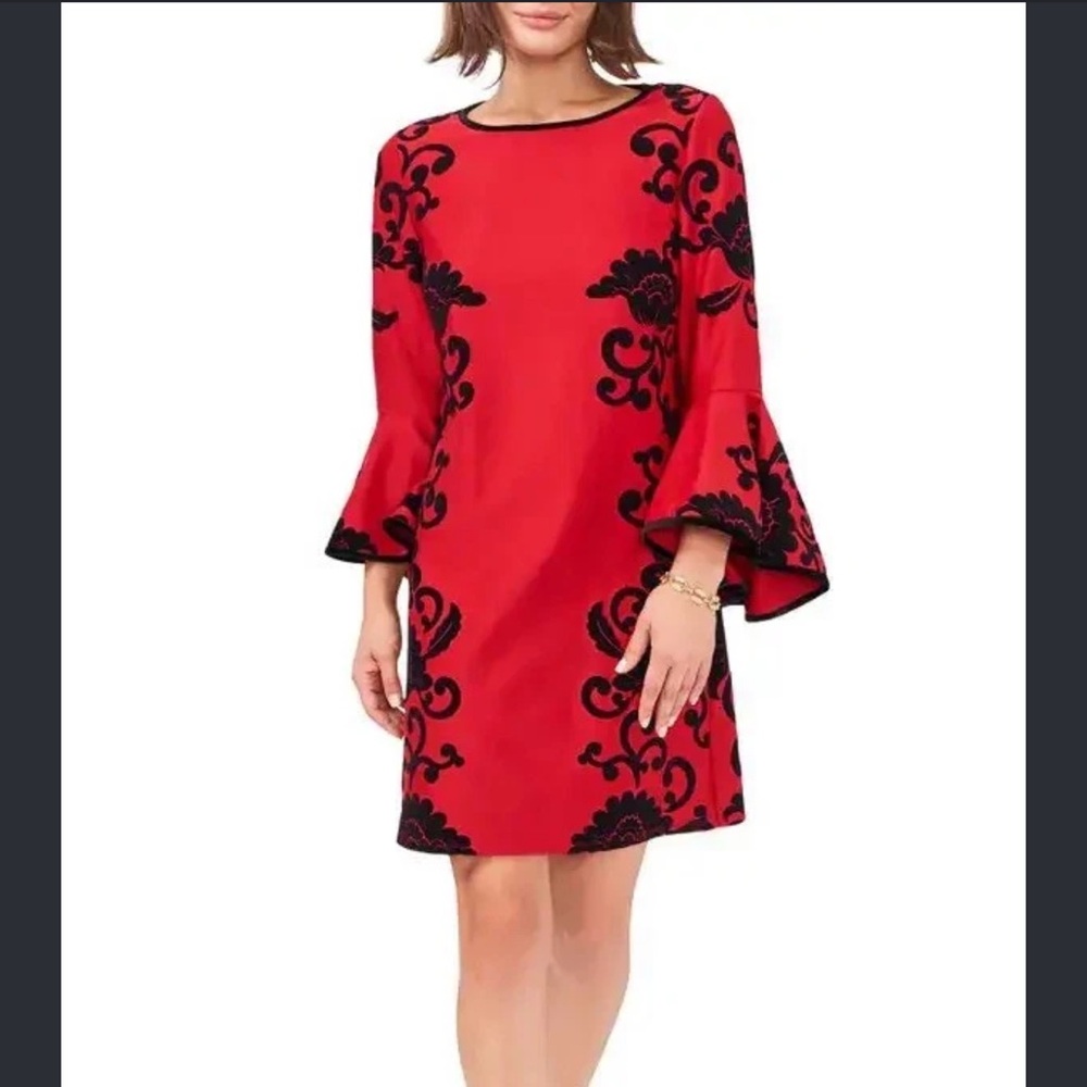 MSK deep red and black shift dress with black detailing and flared dramatic